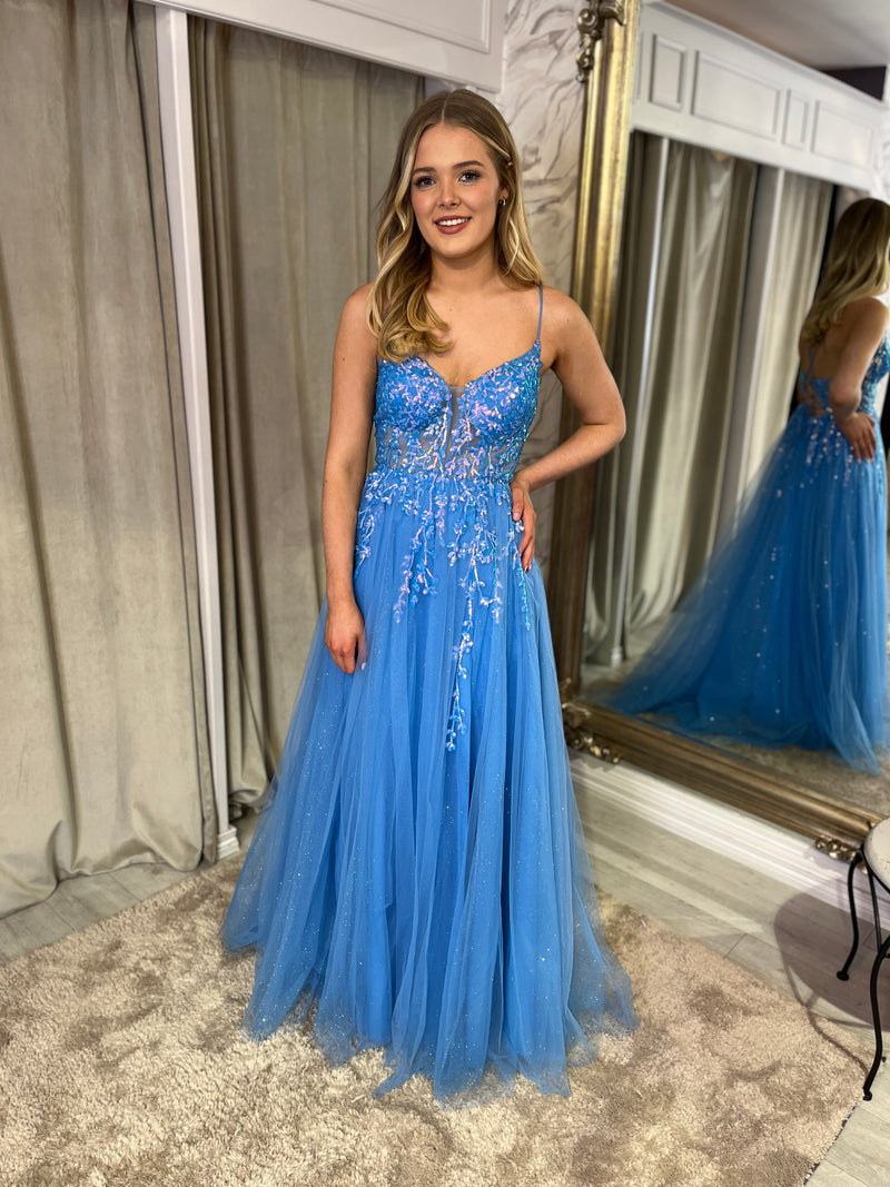 Sky Blue A-Line Dress With Lace Up Back And Sequin Detail