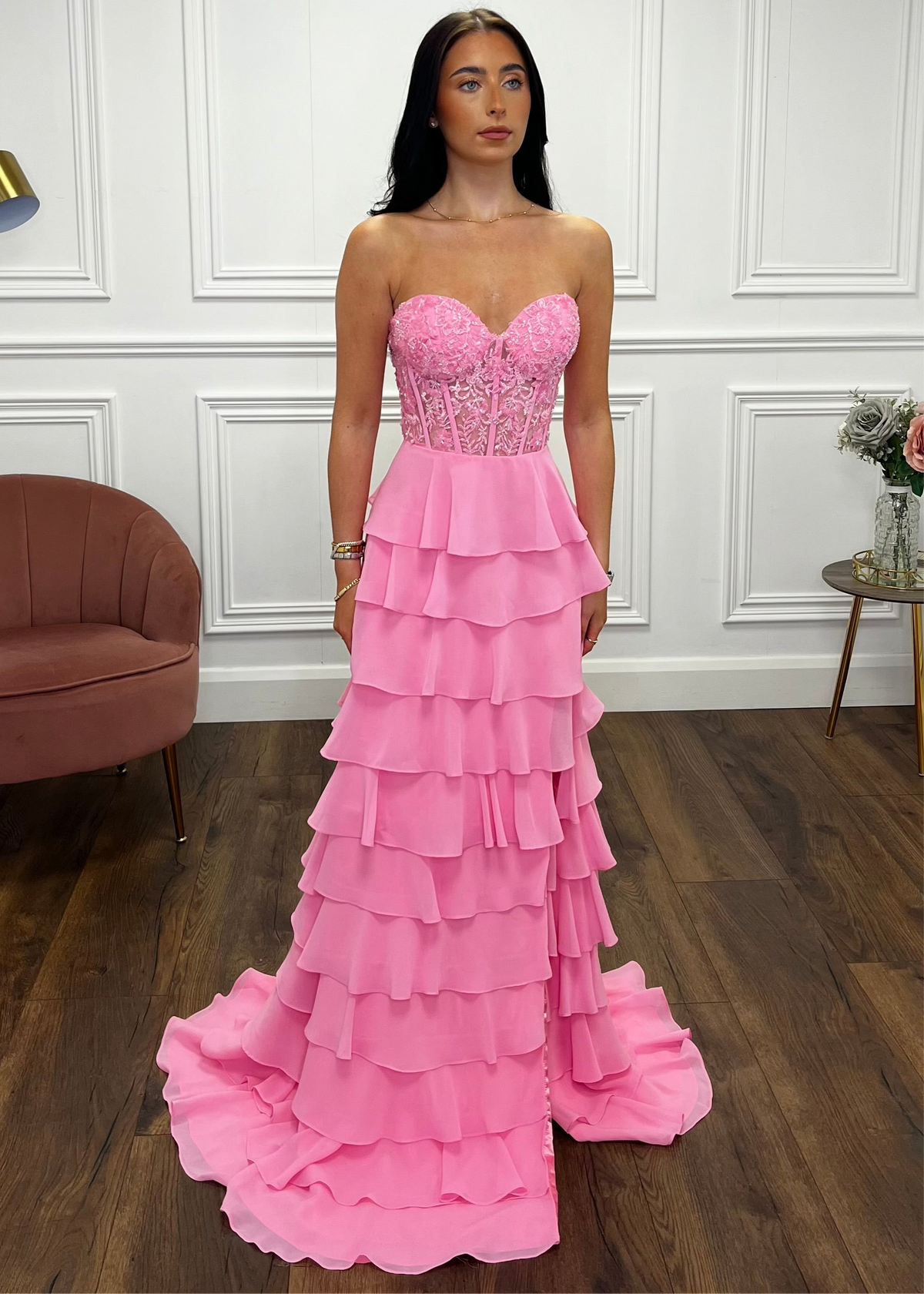 Baby Pink Prom Dress With Beaded Top And Tiered Ruffle Skirt