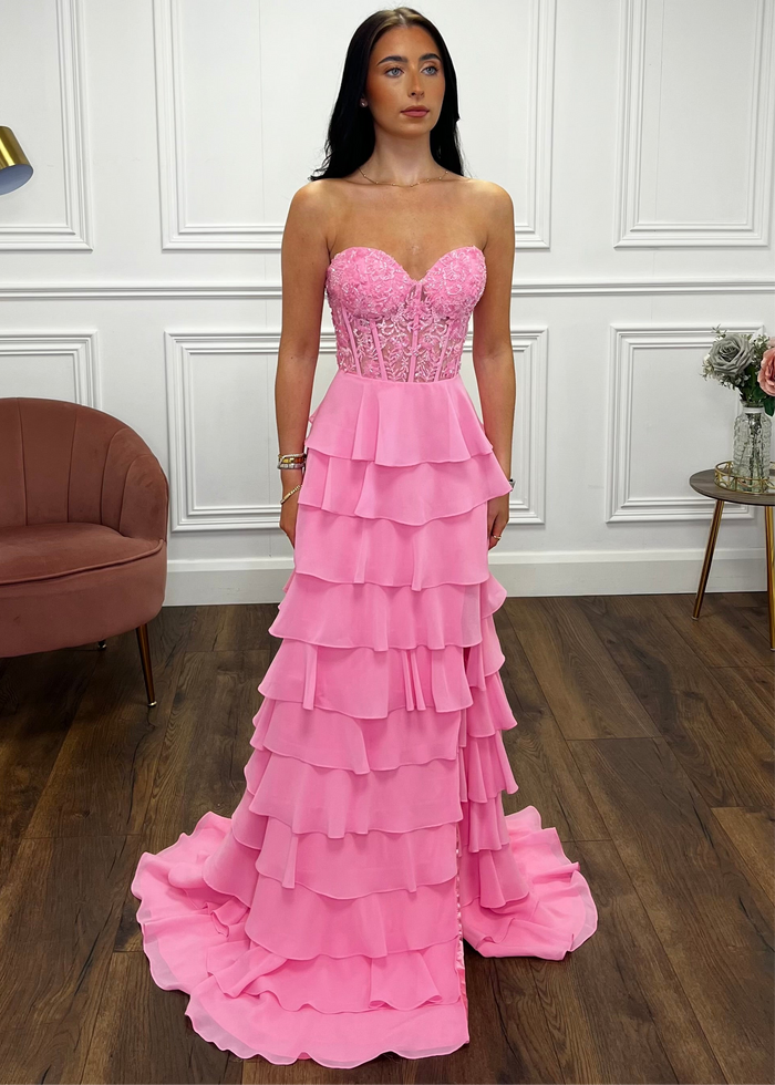 Baby Pink Prom Dress With Beaded Top And Tiered Ruffle Skirt