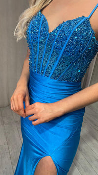 Blue Fitted Prom Dress With Corset Detail