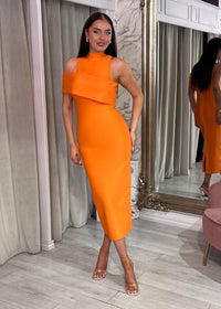 Orange Fitted Dress With High Neck