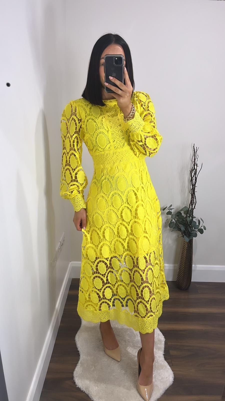 Yellow Crochet A-Line Dress