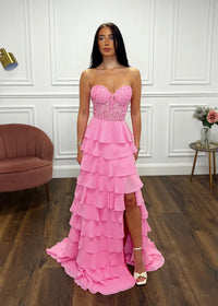 Baby Pink Prom Dress With Beaded Top And Tiered Ruffle Skirt