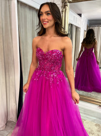 Fuschia Pink Strapless A-Line Prom Dress With Beaded Top