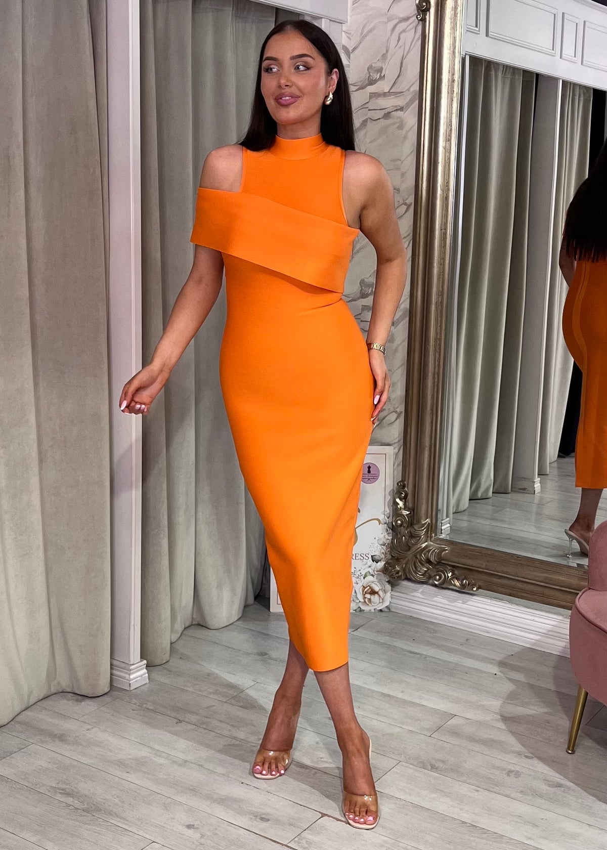 Orange Fitted Dress With High Neck