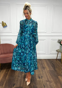 “Anya” Shirt Dress In Teal Print