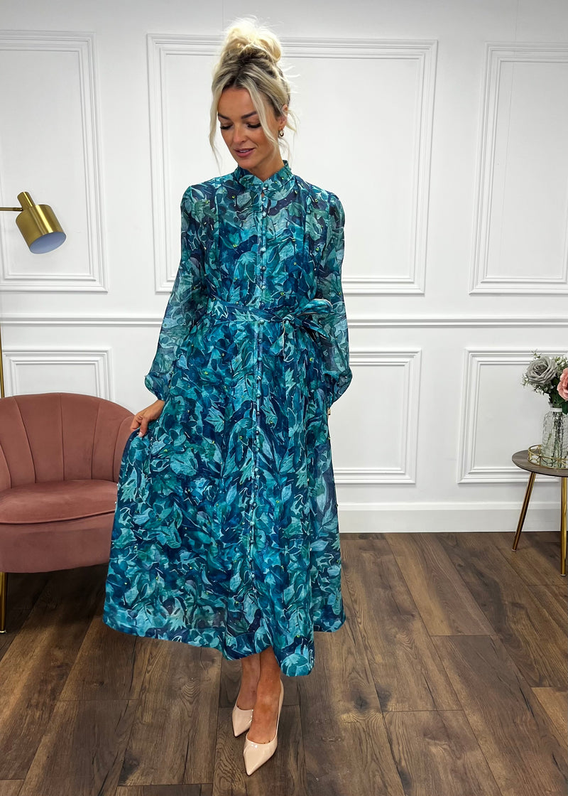 “Anya” Shirt Dress In Teal Print