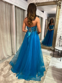 Teal Strapless A-Line Prom Dress With Beaded Top