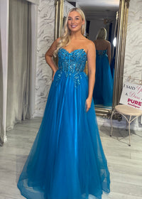 Teal Strapless A-Line Prom Dress With Beaded Top