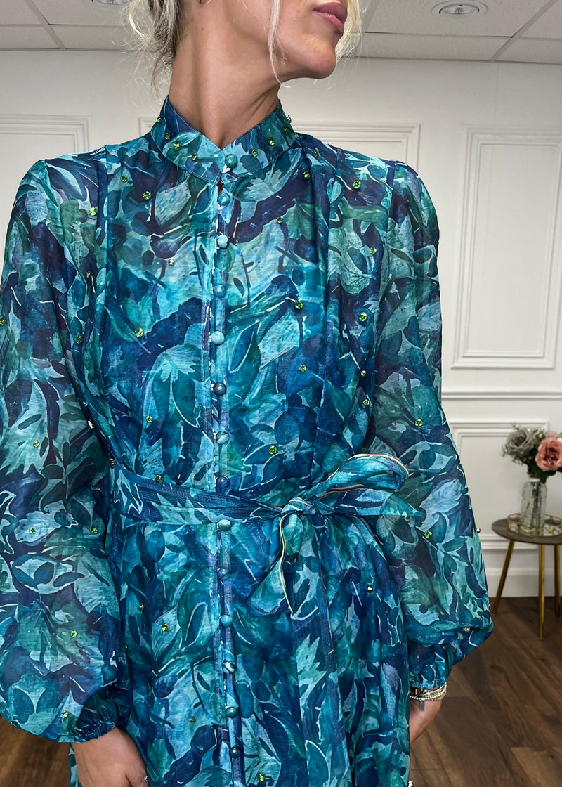 “Anya” Shirt Dress In Teal Print