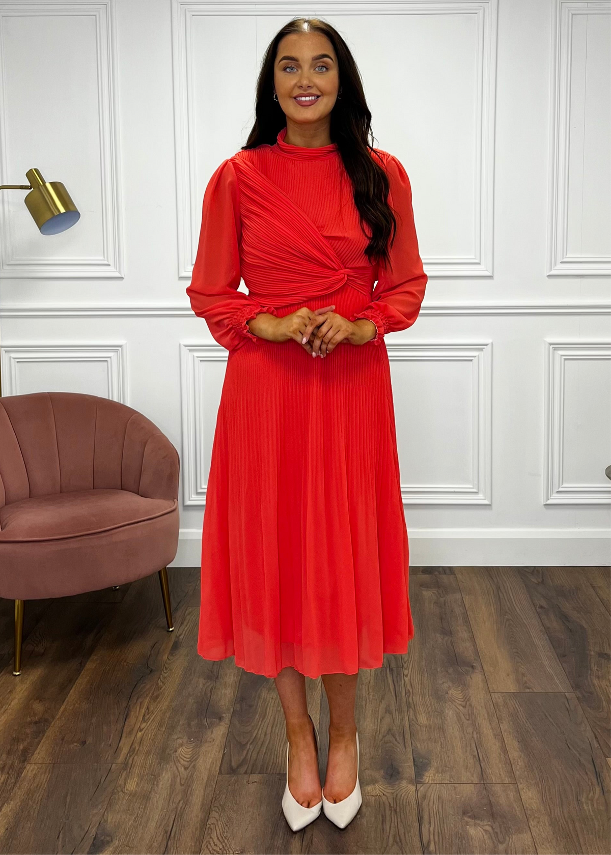 “Sophie” Pleated Dress In Coral