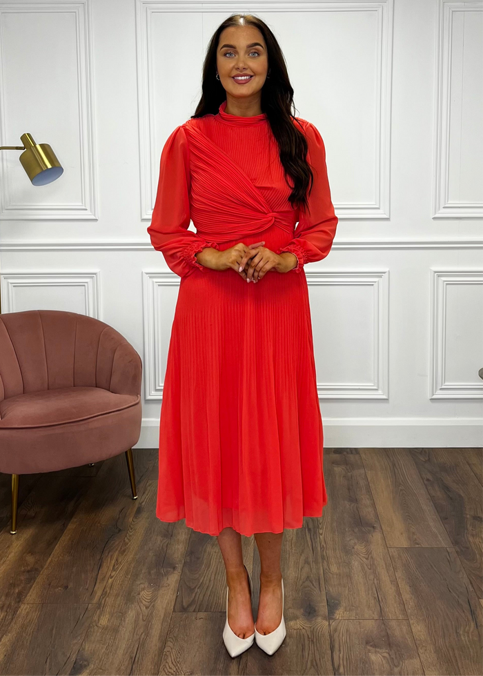 “Sophie” Pleated Dress In Coral