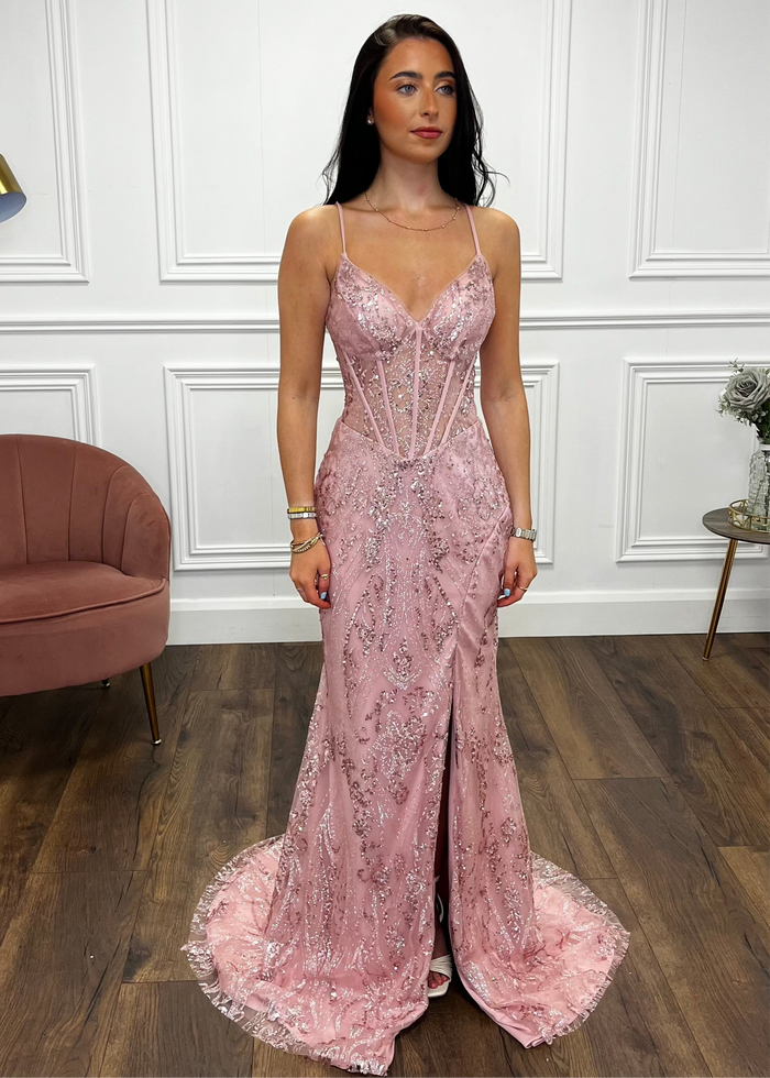 Blush Pink Glitter Effect Prom Dress With Lace Up Back