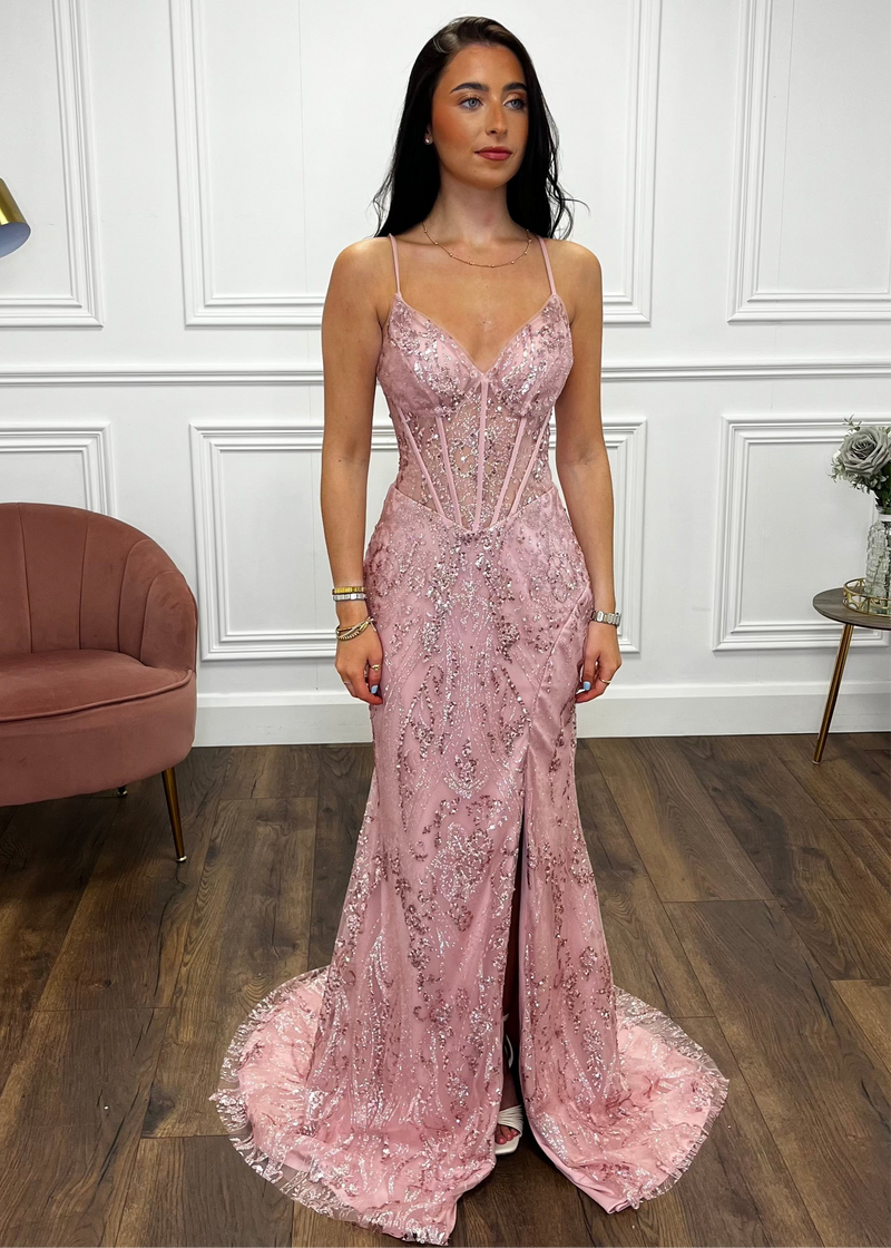 Blush Pink Glitter Effect Prom Dress With Lace Up Back