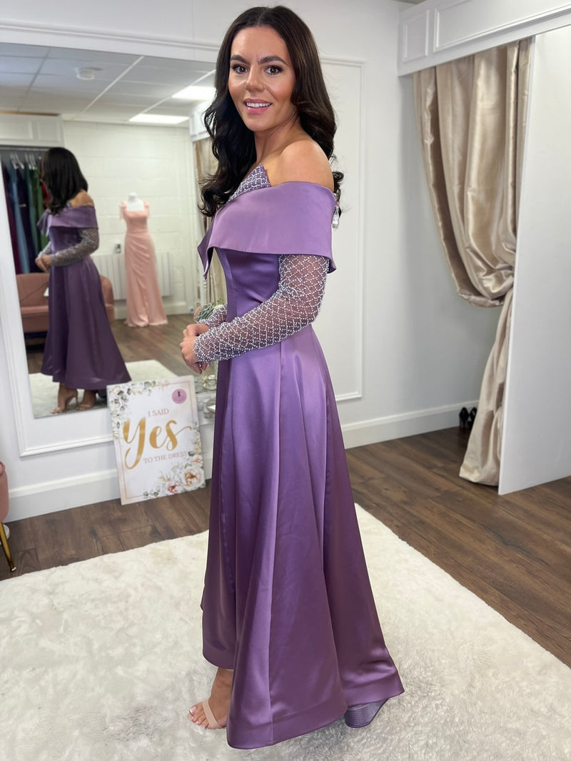 Purple Maxi Dress With Embellished Sleeves