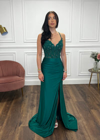 Green Fitted Prom Dress With Lace Effect Corset Top
