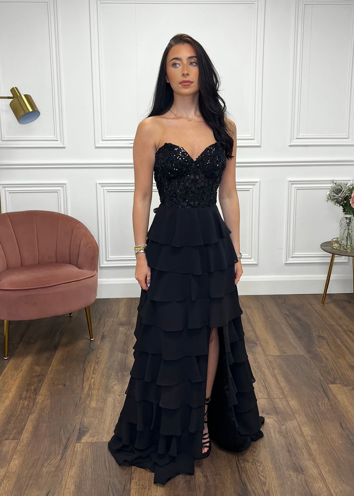Black Prom Dress With Beaded Top And Tiered Ruffle Skirt