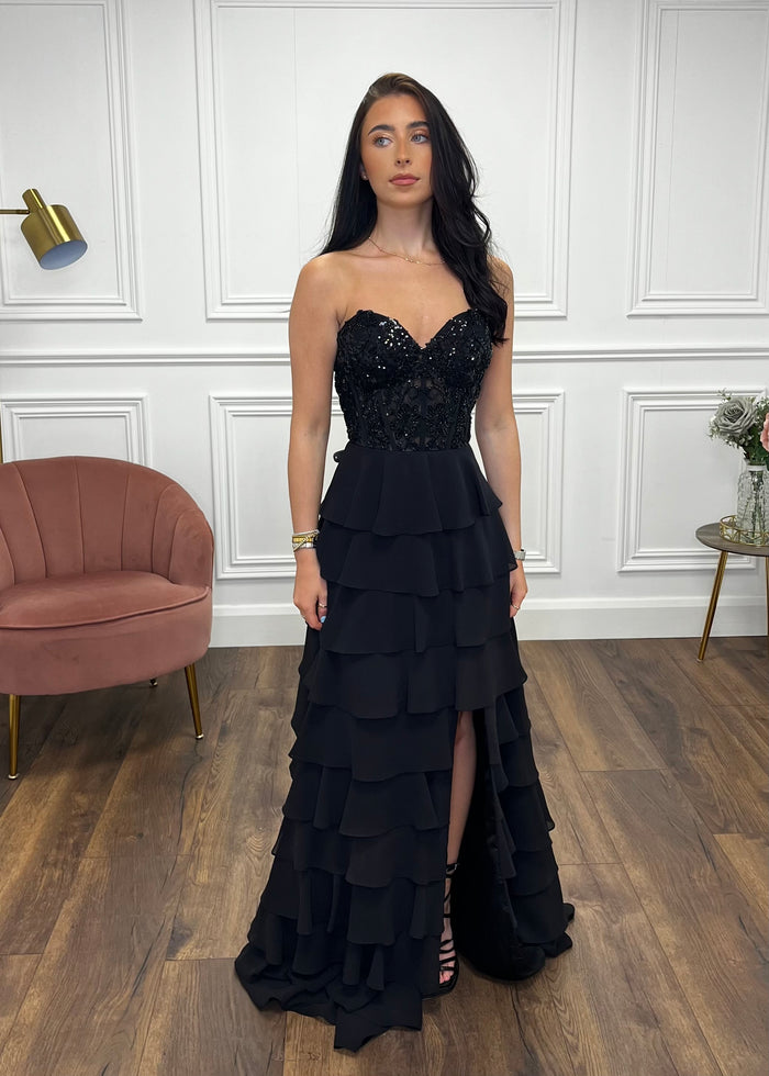 Black Prom Dress With Beaded Top And Tiered Ruffle Skirt