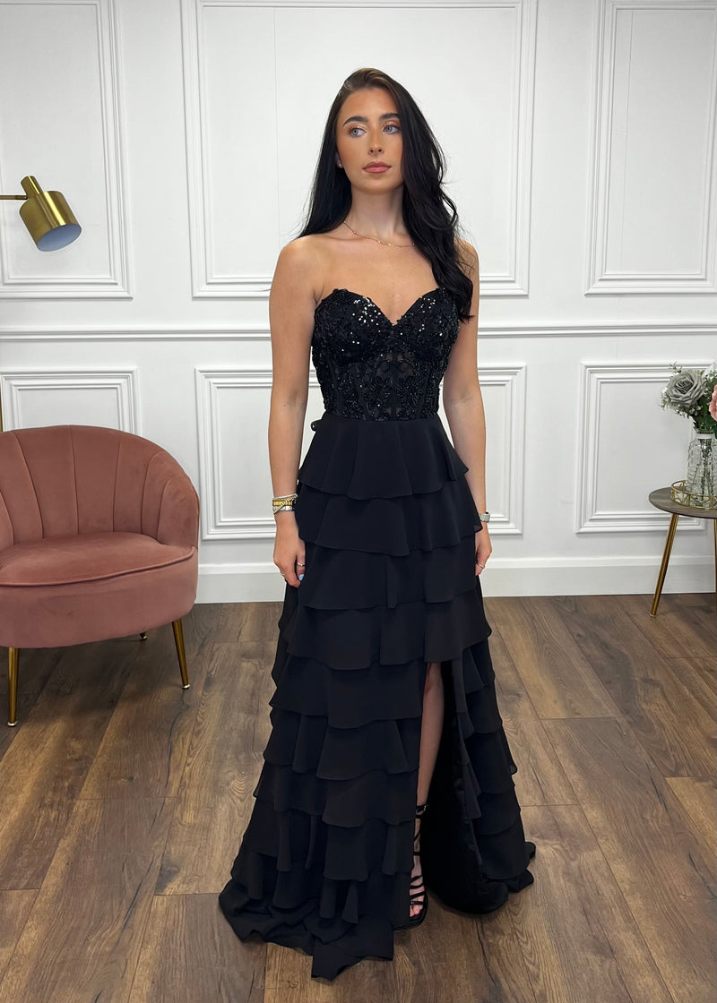 Black Prom Dress With Beaded Top And Tiered Ruffle Skirt