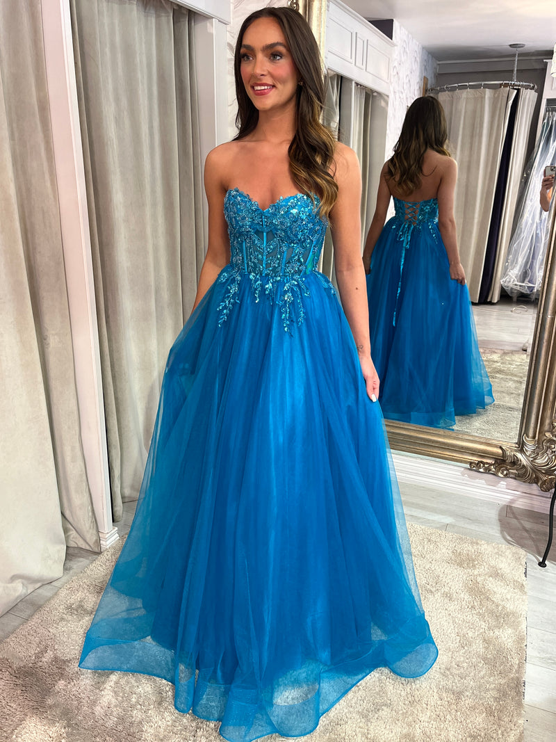 Teal Strapless A-Line Prom Dress With Beaded Top