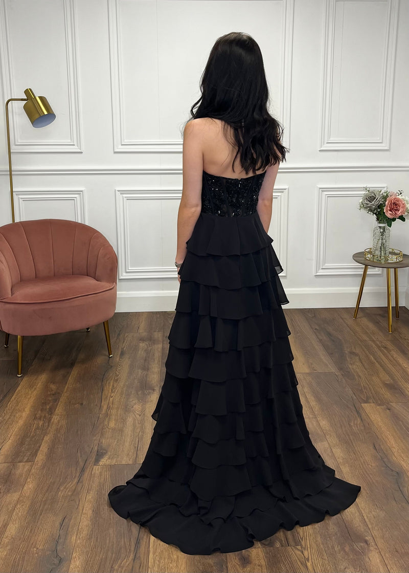 Black Prom Dress With Beaded Top And Tiered Ruffle Skirt
