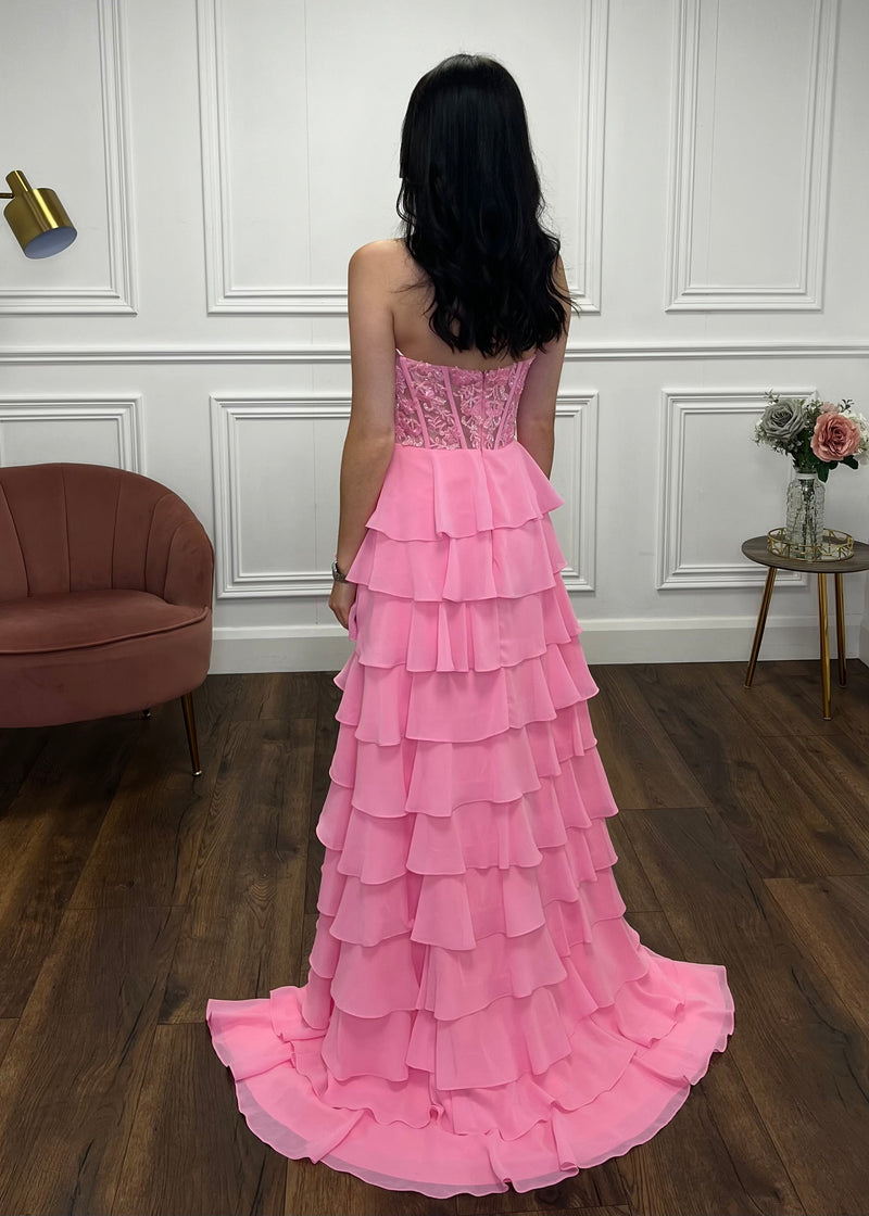 Baby Pink Prom Dress With Beaded Top And Tiered Ruffle Skirt