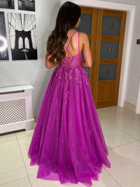 Magenta V-Neck Ballgown With Lace Detail