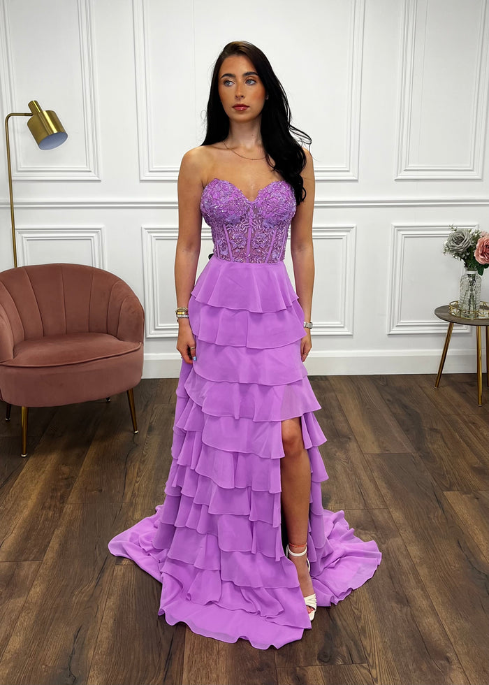 Lilac Prom Dress With Beaded Top And Tiered Ruffle Skirt