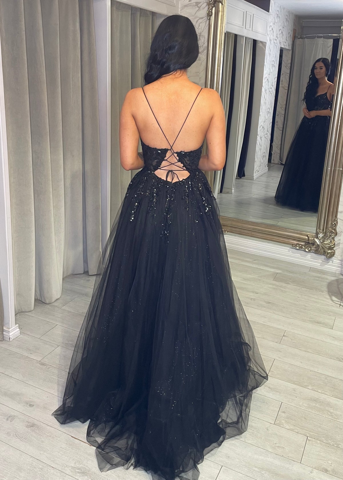 Navy A-Line Prom Dress With Sequin Detail