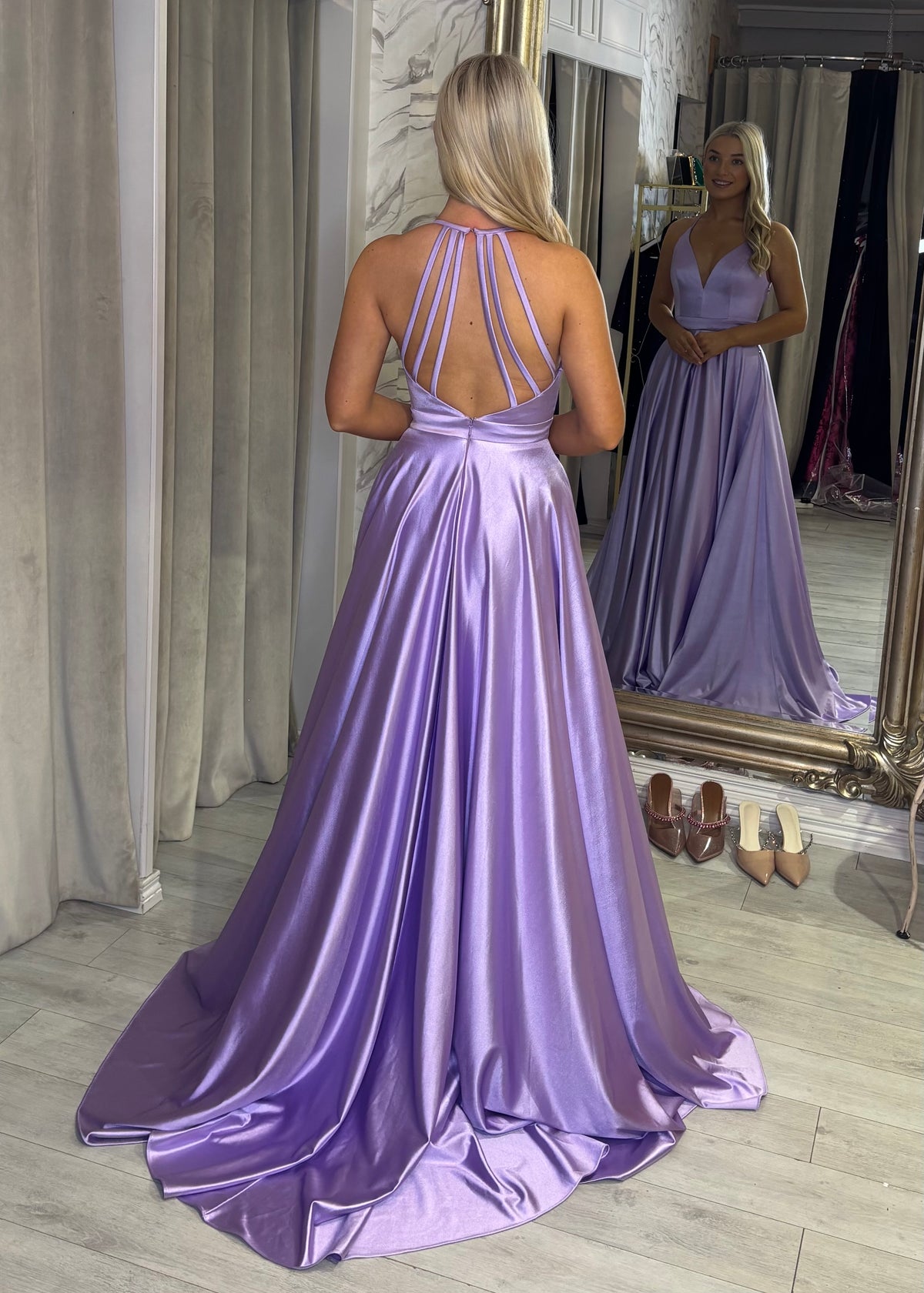Lilac Satin Ballgown With Halter Neckline