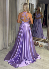 Lilac Satin Ballgown With Halter Neckline