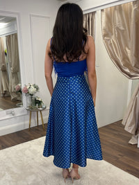 Blue Two Piece With Polka Dot Skirt And Feather Top