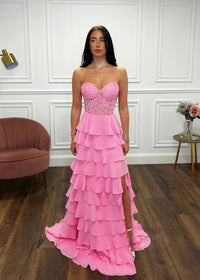 Baby Pink Prom Dress With Beaded Top And Tiered Ruffle Skirt