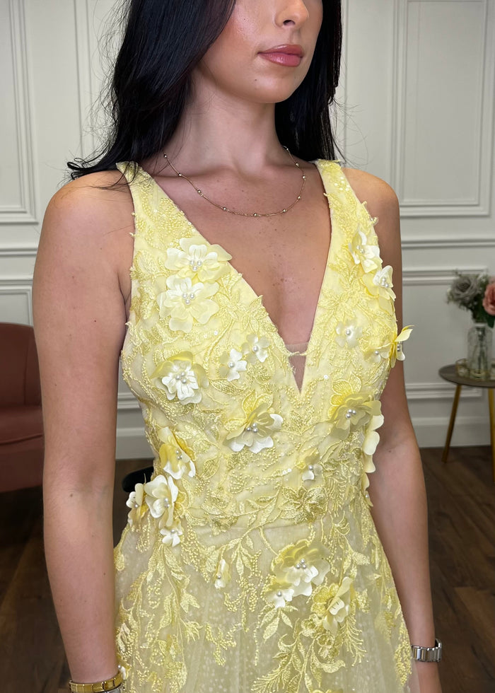 Yellow A-Line Prom Dress With 3D Floral Detail