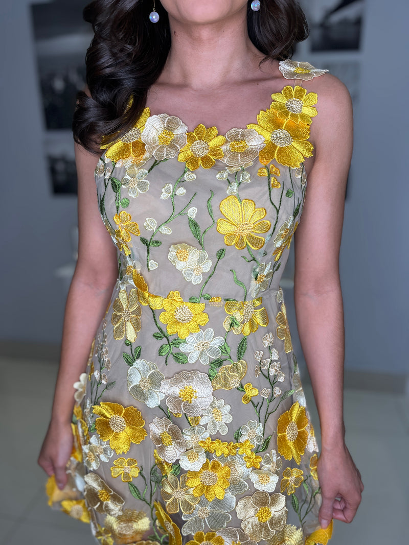 “Penny” Dress In Yellow With 3D Floral