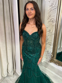 Green Fitted Beaded Prom Dress With Spaghetti Straps & Lace Up Back