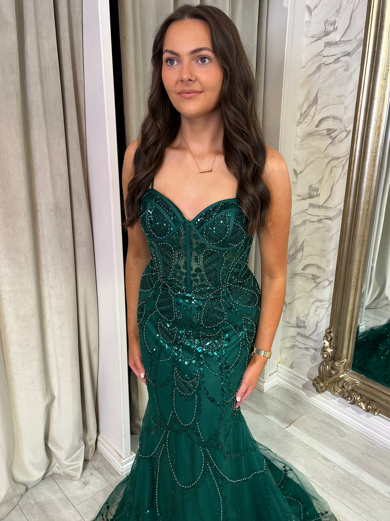 Green Fitted Beaded Prom Dress With Spaghetti Straps & Lace Up Back