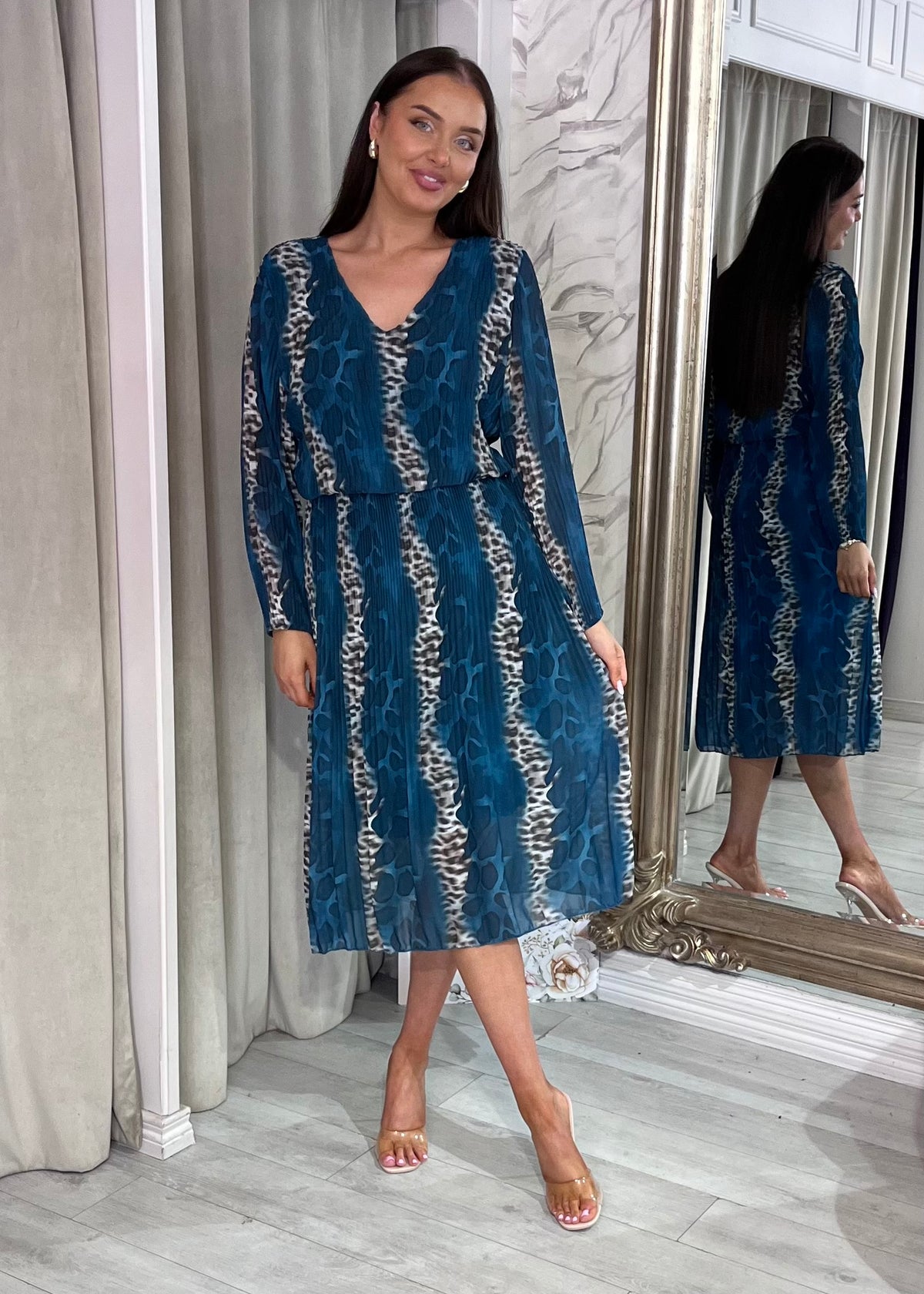 “Maggie” Dress In Teal Print