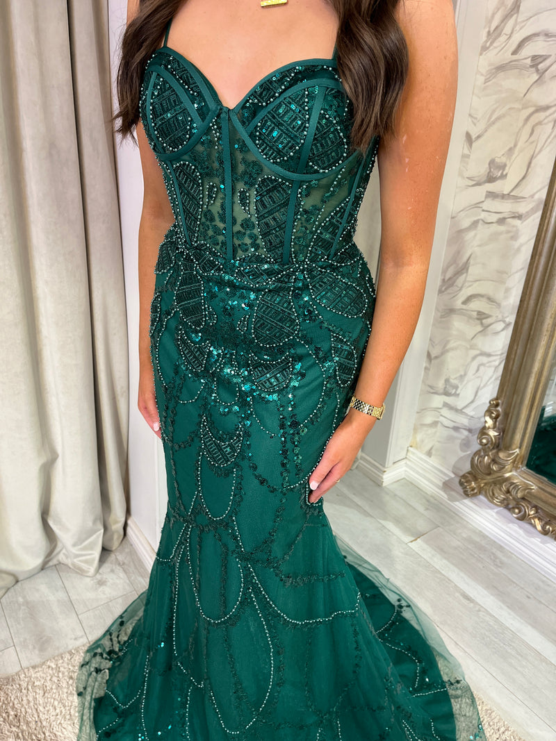 Green Fitted Beaded Prom Dress With Spaghetti Straps & Lace Up Back