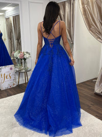 Royal Blue V-Neck Ballgown With Lace Detail