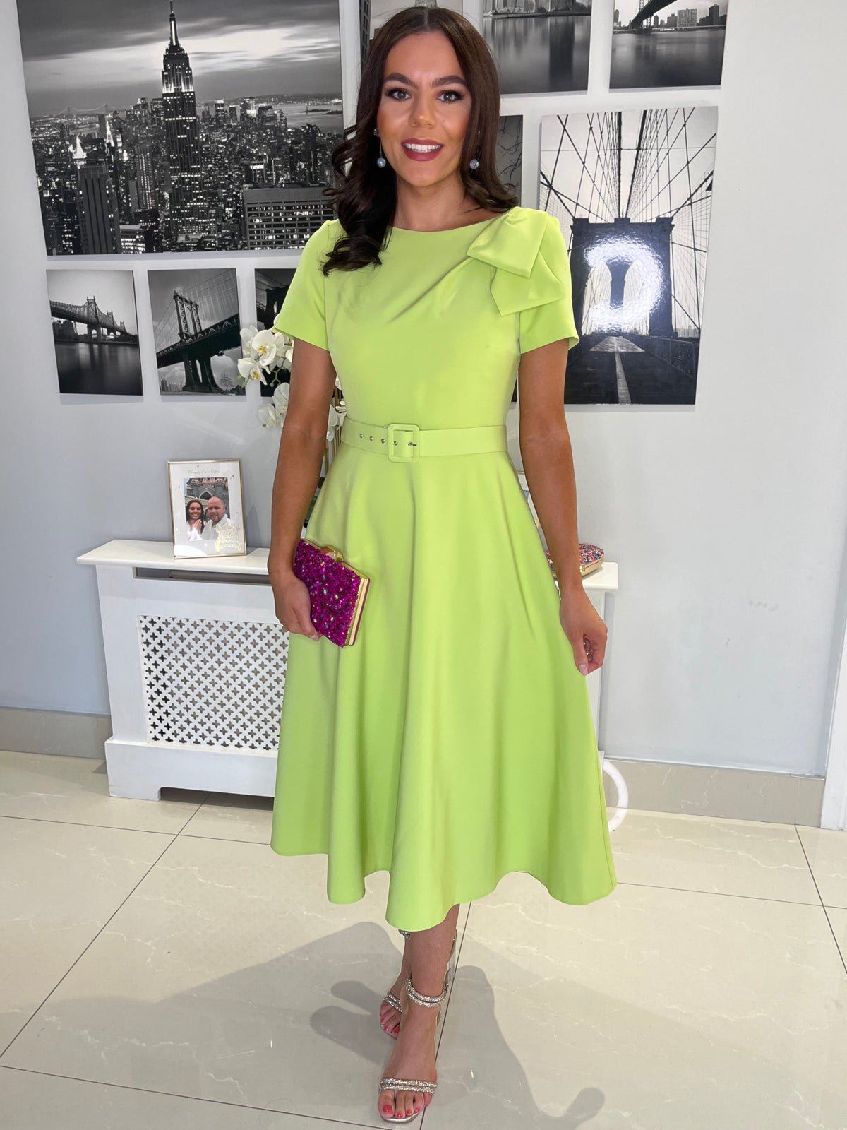 Lime Green A-Line Dress With Cap Sleeve