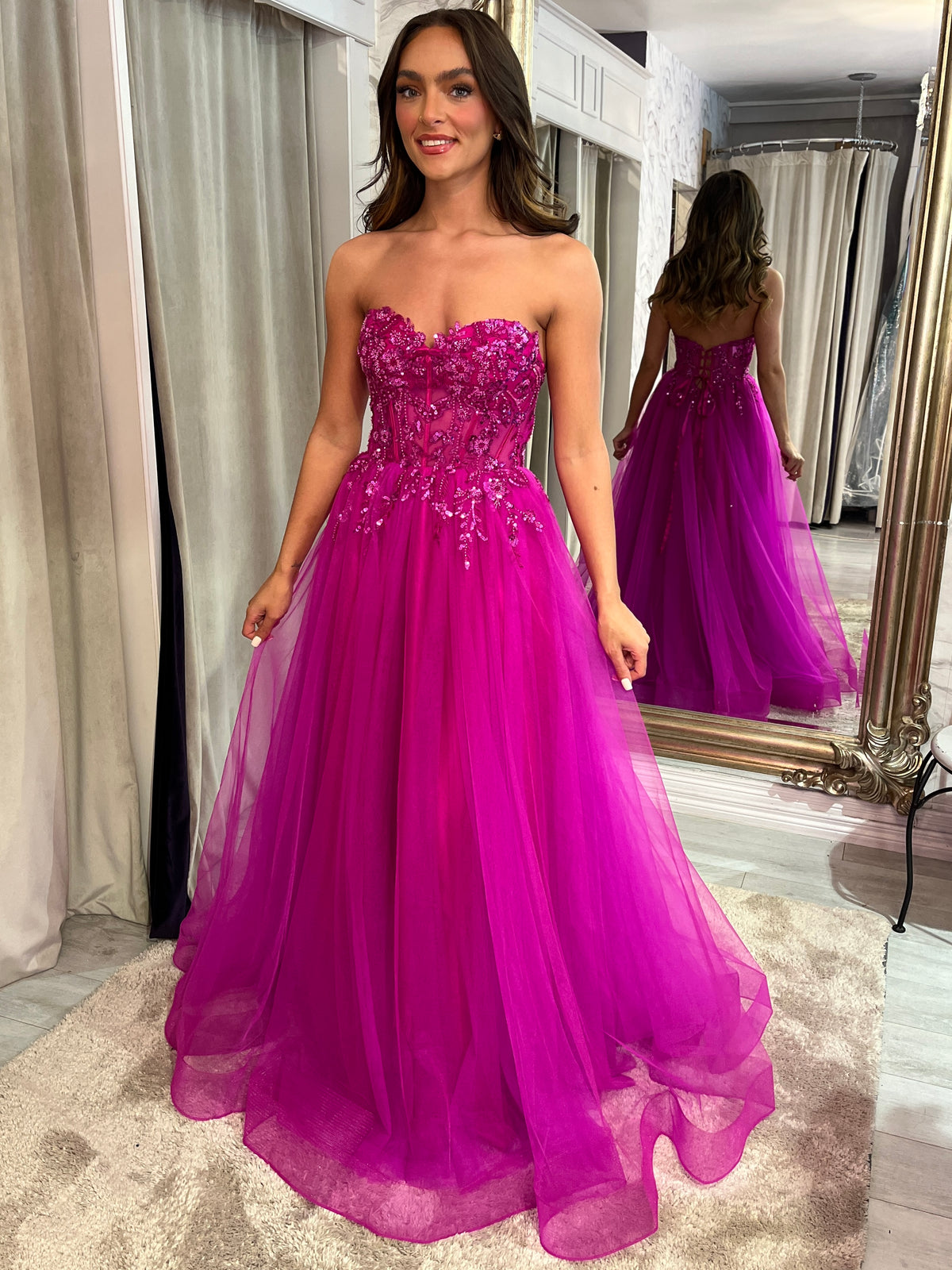 Fuschia Pink Strapless A-Line Prom Dress With Beaded Top