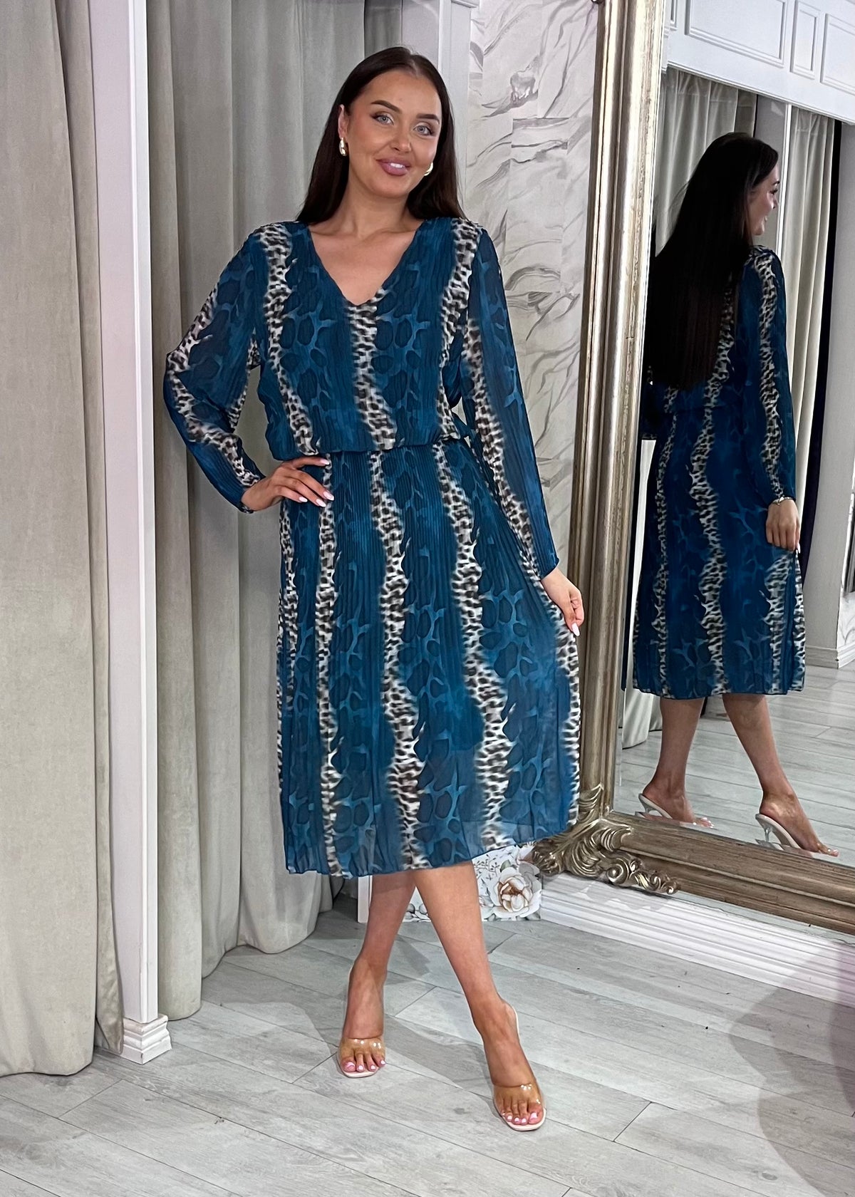 “Maggie” Dress In Teal Print