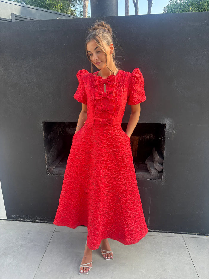 “Priya” Dress In Red Jacquard