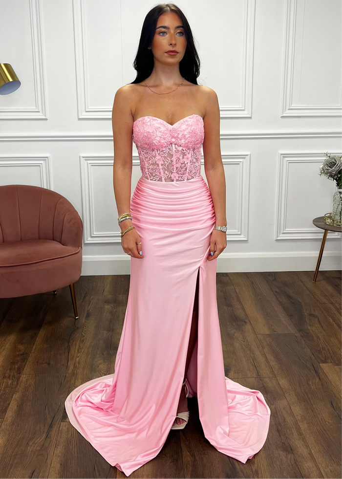 Baby Pink Strapless Prom Dress With Beaded Top