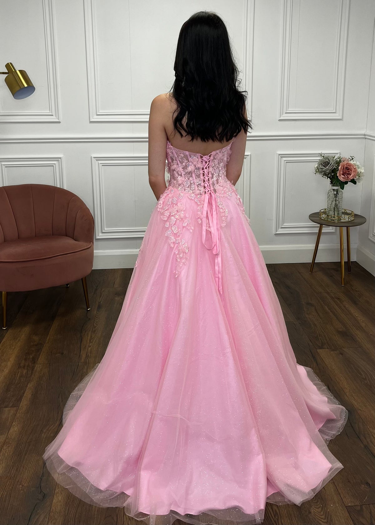Baby Pink Strapless Ballgown With 3D Detail