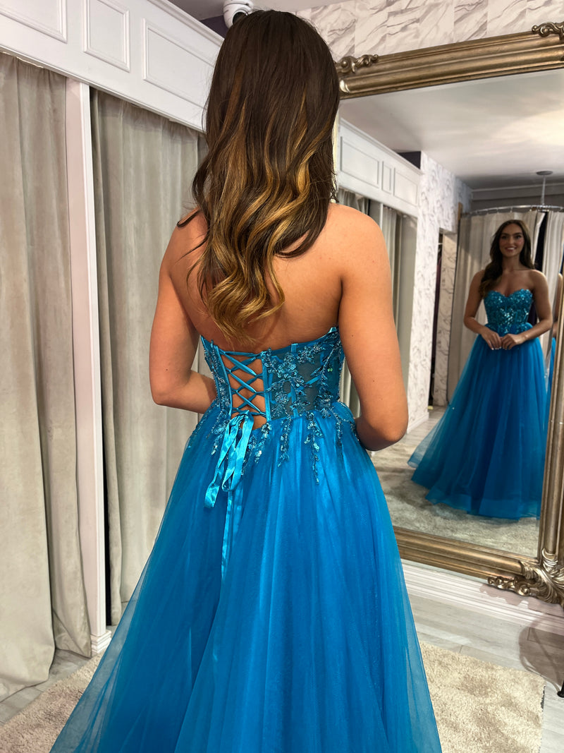 Teal Strapless A-Line Prom Dress With Beaded Top