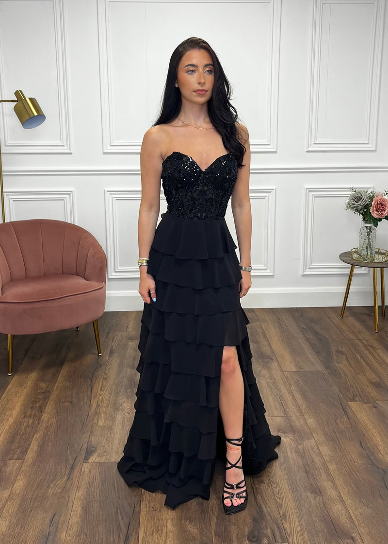 Black Prom Dress With Beaded Top And Tiered Ruffle Skirt