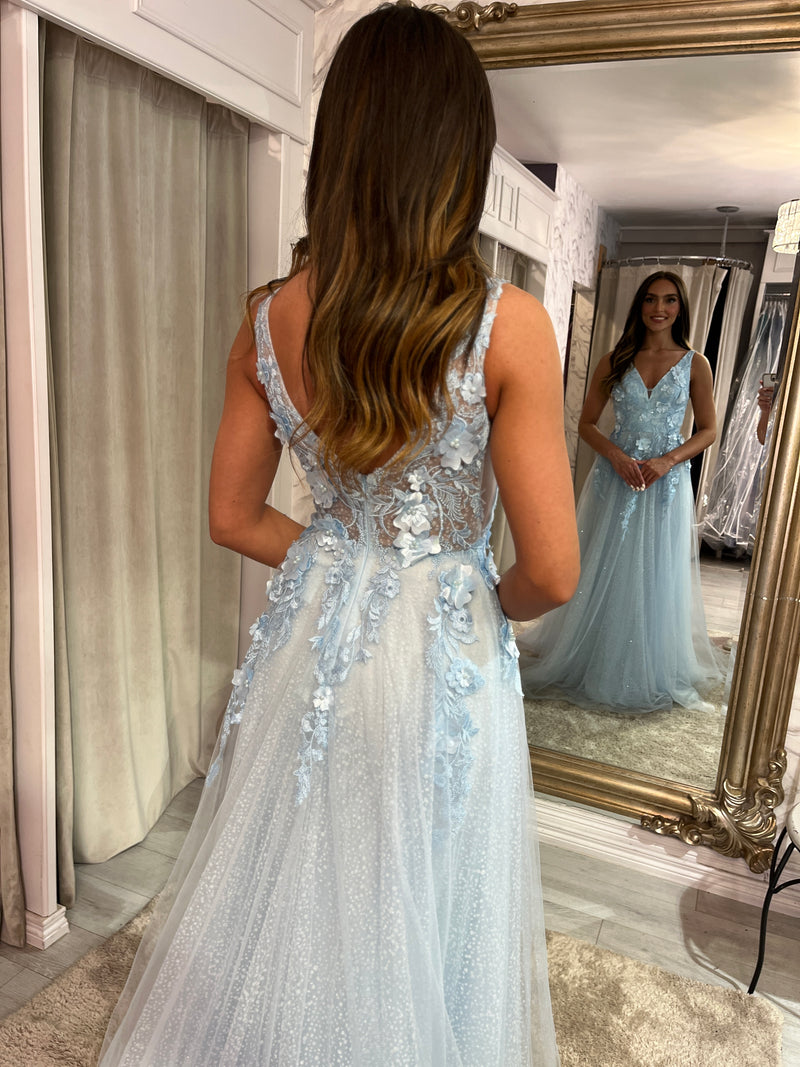 Baby Blue A-Line Prom Dress With 3D Floral Detail