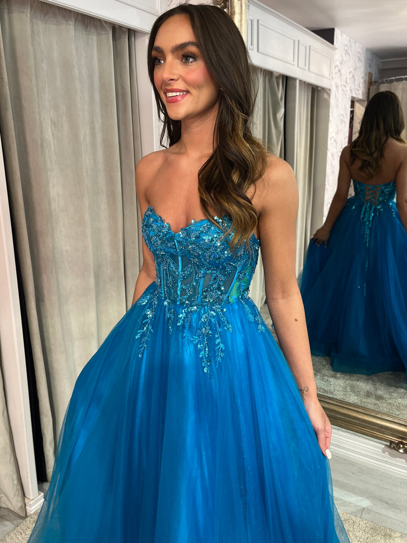 Teal Strapless A-Line Prom Dress With Beaded Top